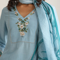 Khushal K Women Pure Silk blue Embroidered Kurta & Palazzo With Dupatta