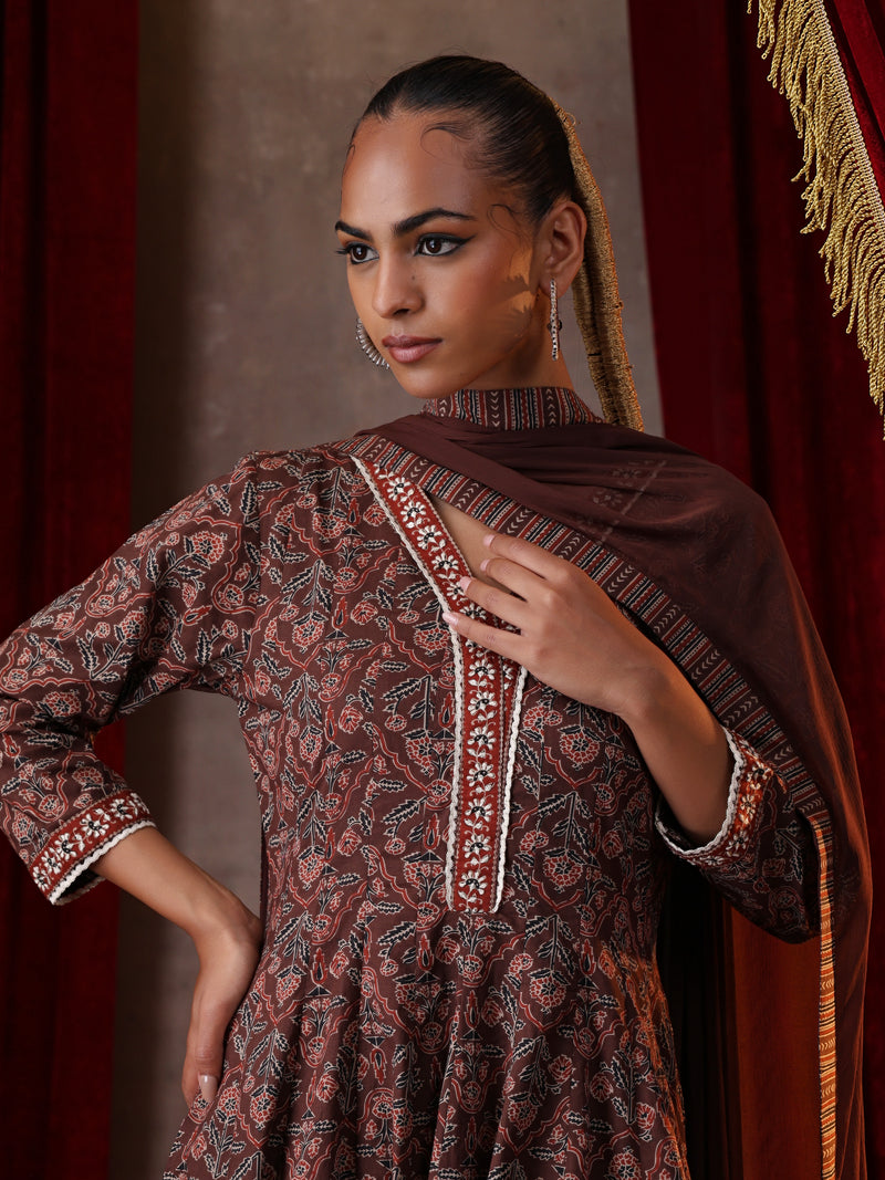 Khushal K Women Cotton kurta and palazzo with dupatta set - Brown