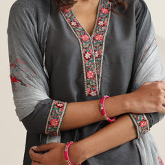 Khushal K Women Pure Silk grey Embroidered Kurta & Palazzo With Dupatta