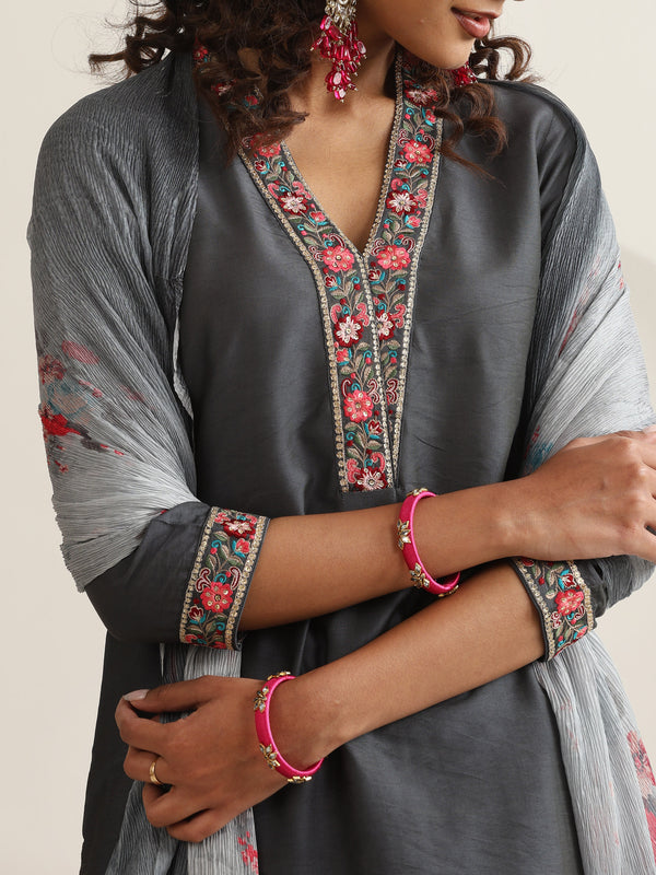 Khushal K Women Pure Silk grey Embroidered Kurta & Palazzo With Dupatta