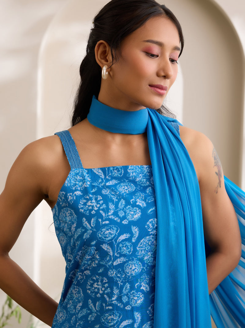 Khushal K Women Cotton Kurta And Palazzo With Dupatta Set - Blue