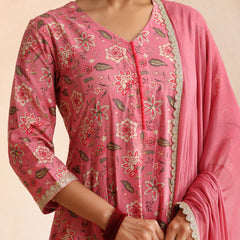 Women Floral Printed Cotton Anarkali Kurta with Trousers & Dupatta