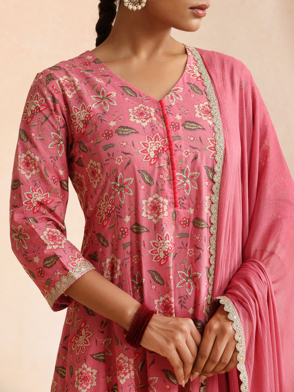 Women Floral Printed Cotton Anarkali Kurta with Trousers & Dupatta