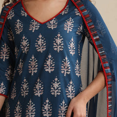 Khushal K Women Floral Printed Regular Pure Cotton Blue Kurta & Palazzo With Dupatta