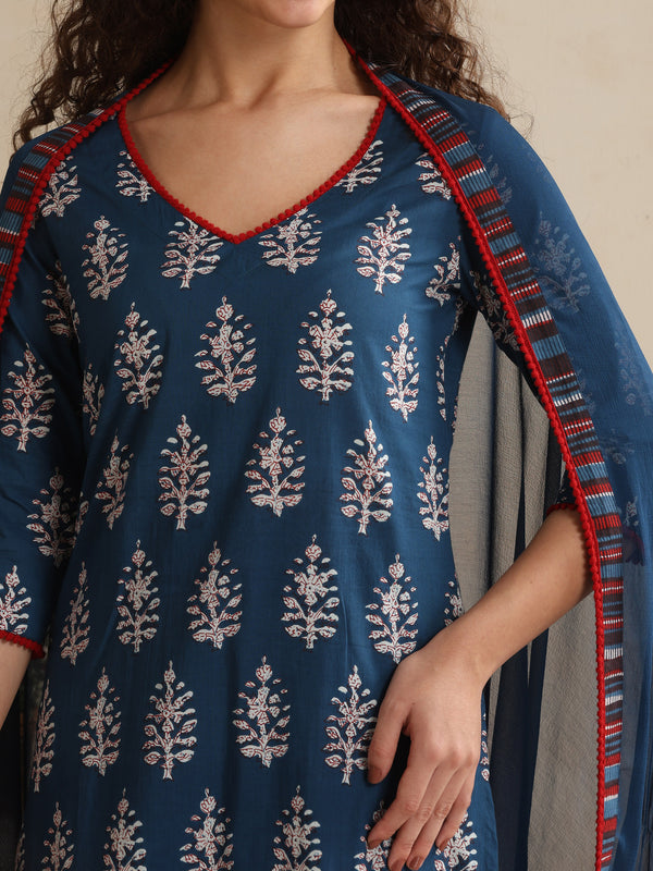 Khushal K Women Floral Printed Regular Pure Cotton Blue Kurta & Palazzo With Dupatta