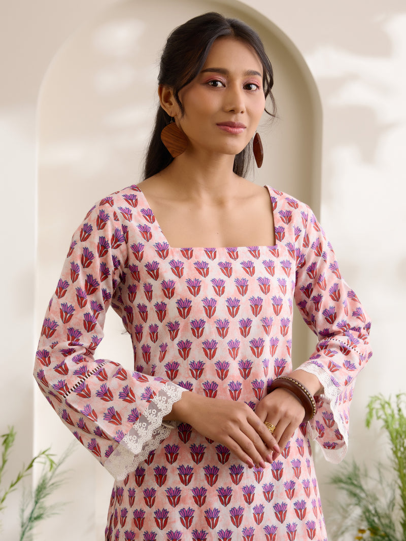 Khushal K Women Cotton Kurti With Farshi Salwar Set - Peach