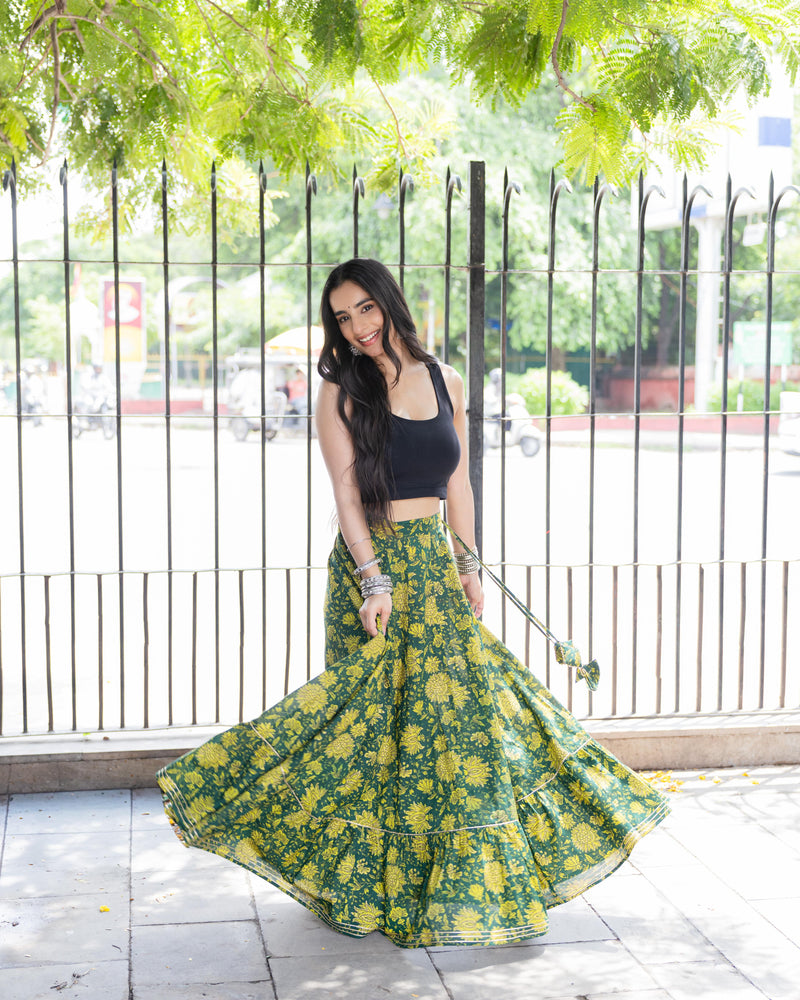 Khushal K Women's Green Printed Cotton Flared Maxi Skirt