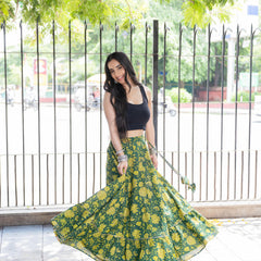 Khushal K Women's Green Printed Cotton Flared Maxi Skirt