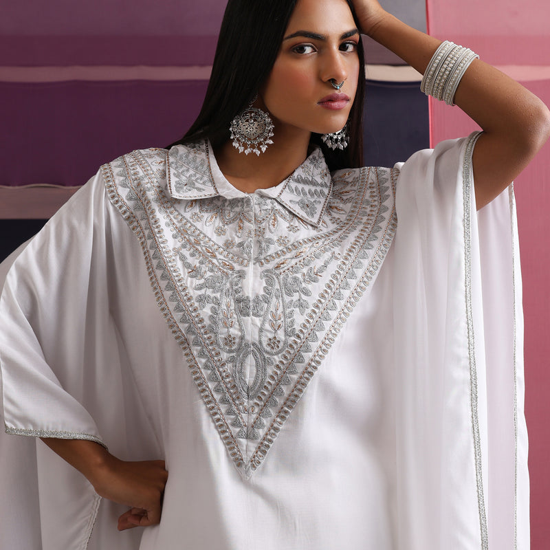 Women Embroidered Collar White Kaftan Set - Khushal K - Image 2