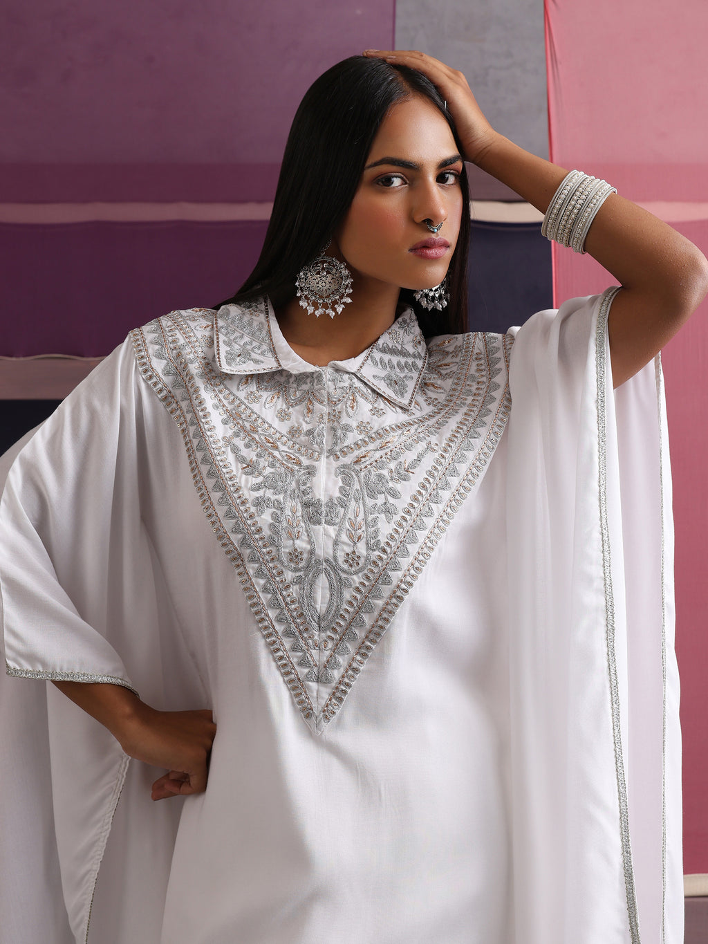 Khushal K Women Embroidered Collar White Kaftan set