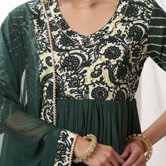 Floral Yoke Design V-Neck Pleated Anarkali Kurta With Palazzos & Dupatta