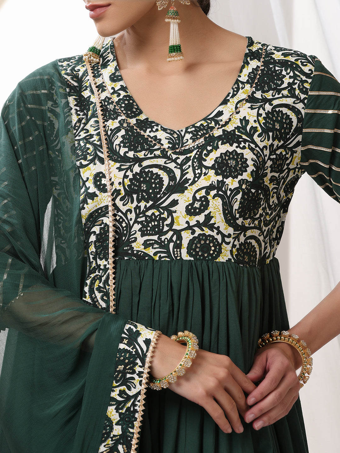 Floral Yoke Design V-Neck Pleated Anarkali Kurta With Palazzos & Dupatta