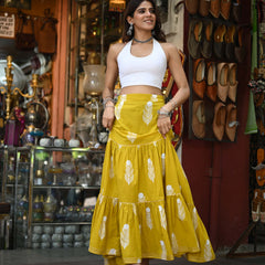 Khushal K Women's Yellow Printed Cotton Flared Maxi Skirt