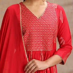 Red & Gold Printed Kurta with Trousers & Dupatta