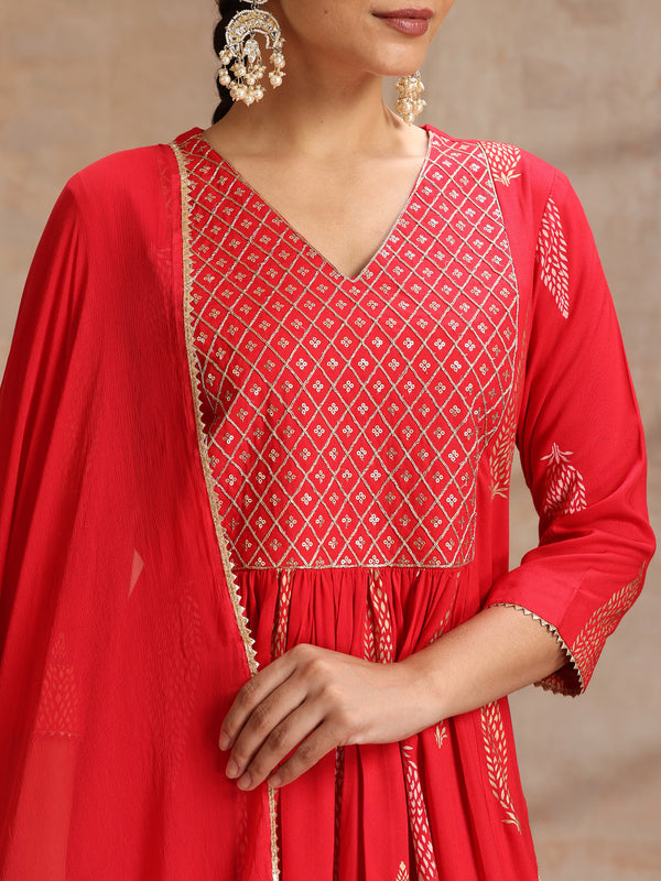 Red & Gold Printed Kurta with Trousers & Dupatta