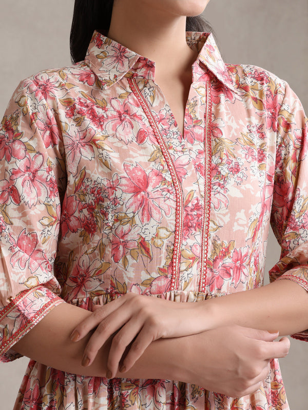 Women Floral Print Puff Sleeve A-Line Midi Dress