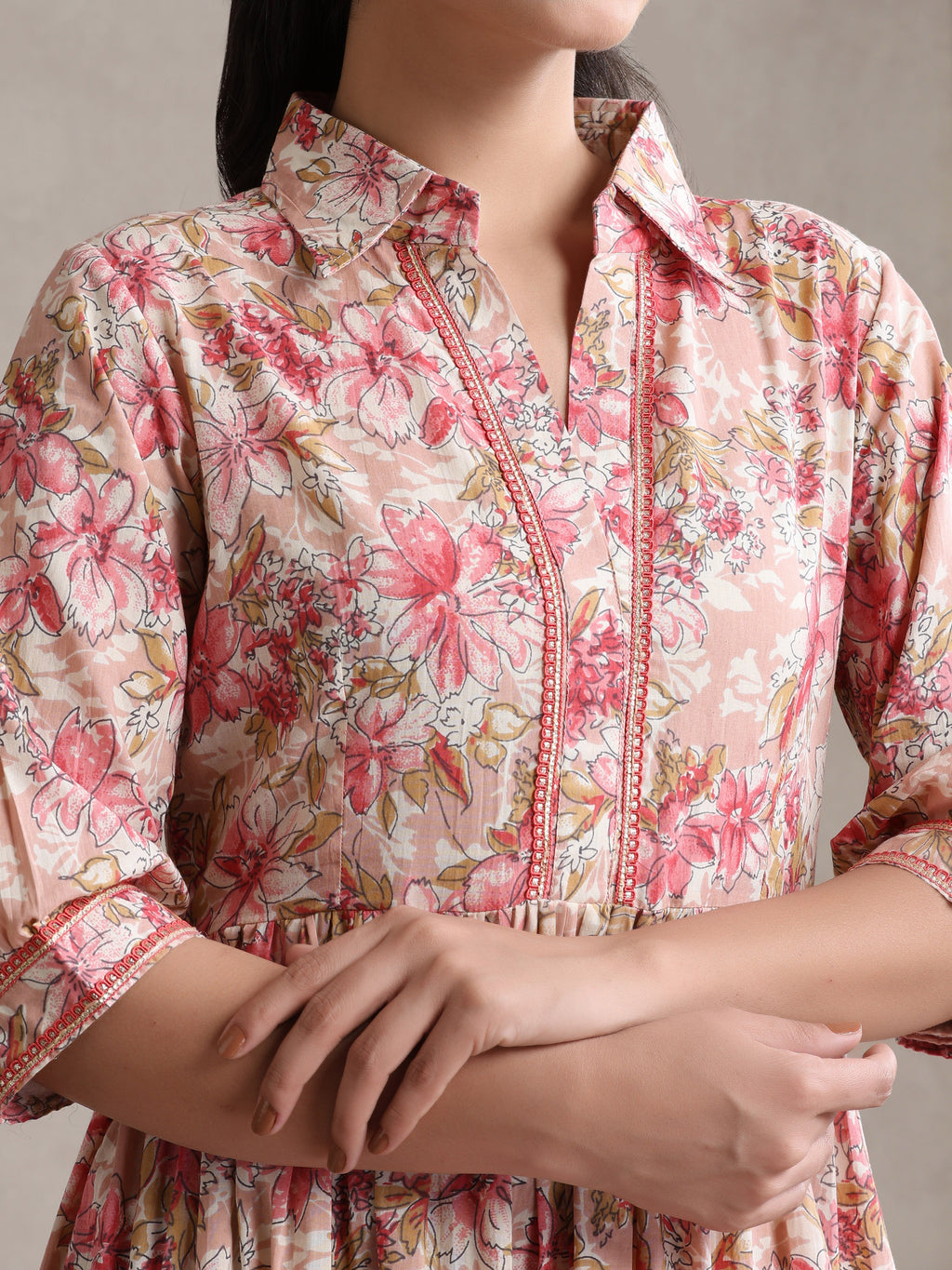 Women Floral Print Puff Sleeve A-Line Midi Dress