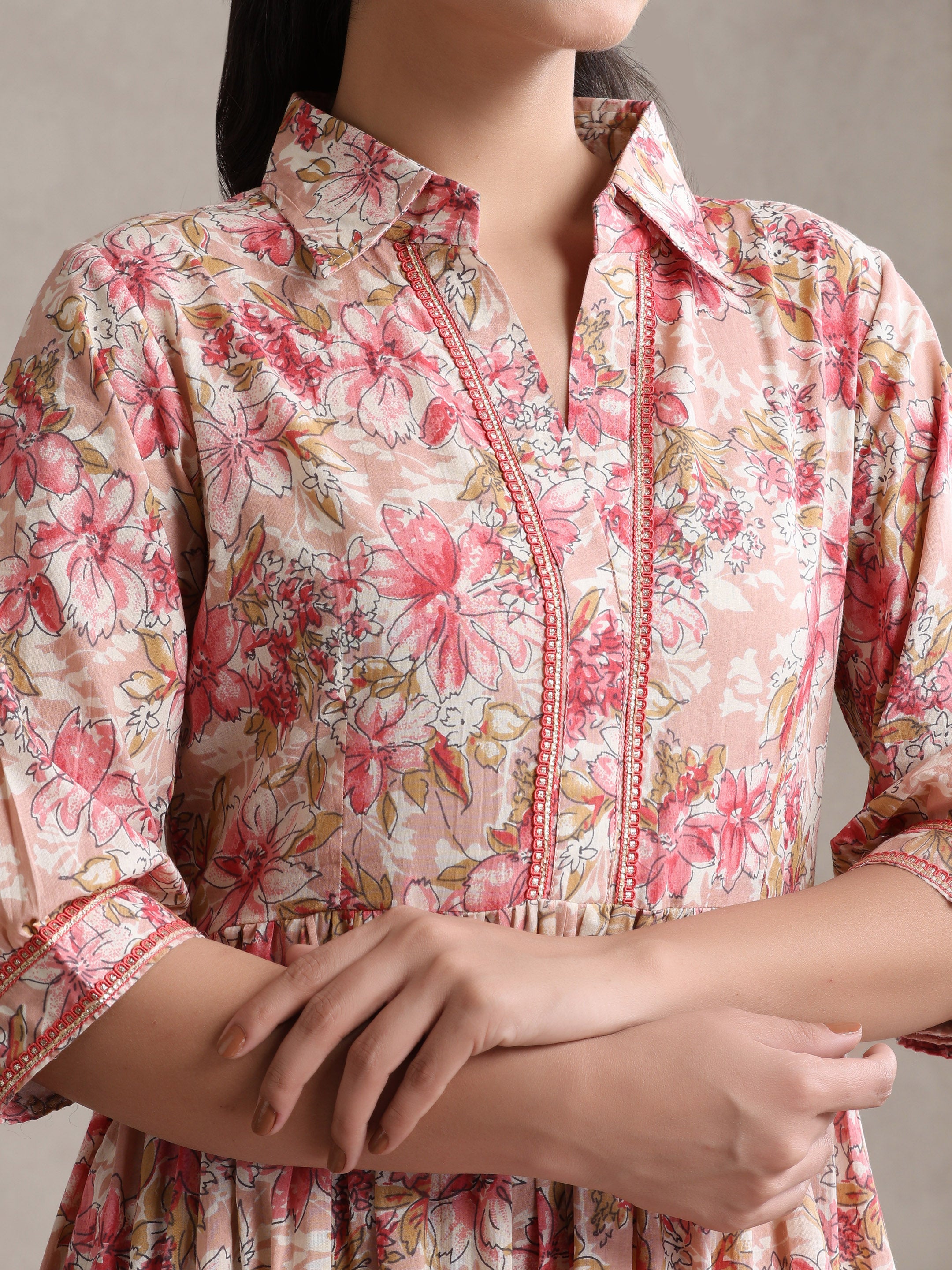 Women Floral Print Puff Sleeve A-Line Midi Dress