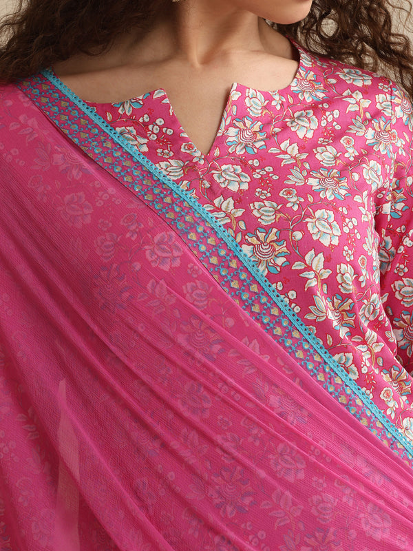 Khushal K Women Floral Printed Regular Pure Cotton Pink Kurta & Palazzo With Dupatta