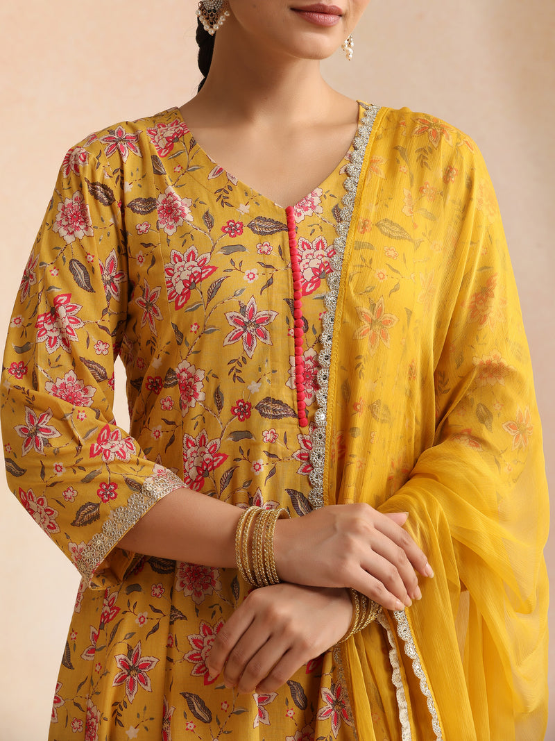 Women Floral Printed Cotton A-Line Kurta with Trousers & Dupatta