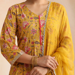 Women Floral Printed Cotton A-Line Kurta with Trousers & Dupatta