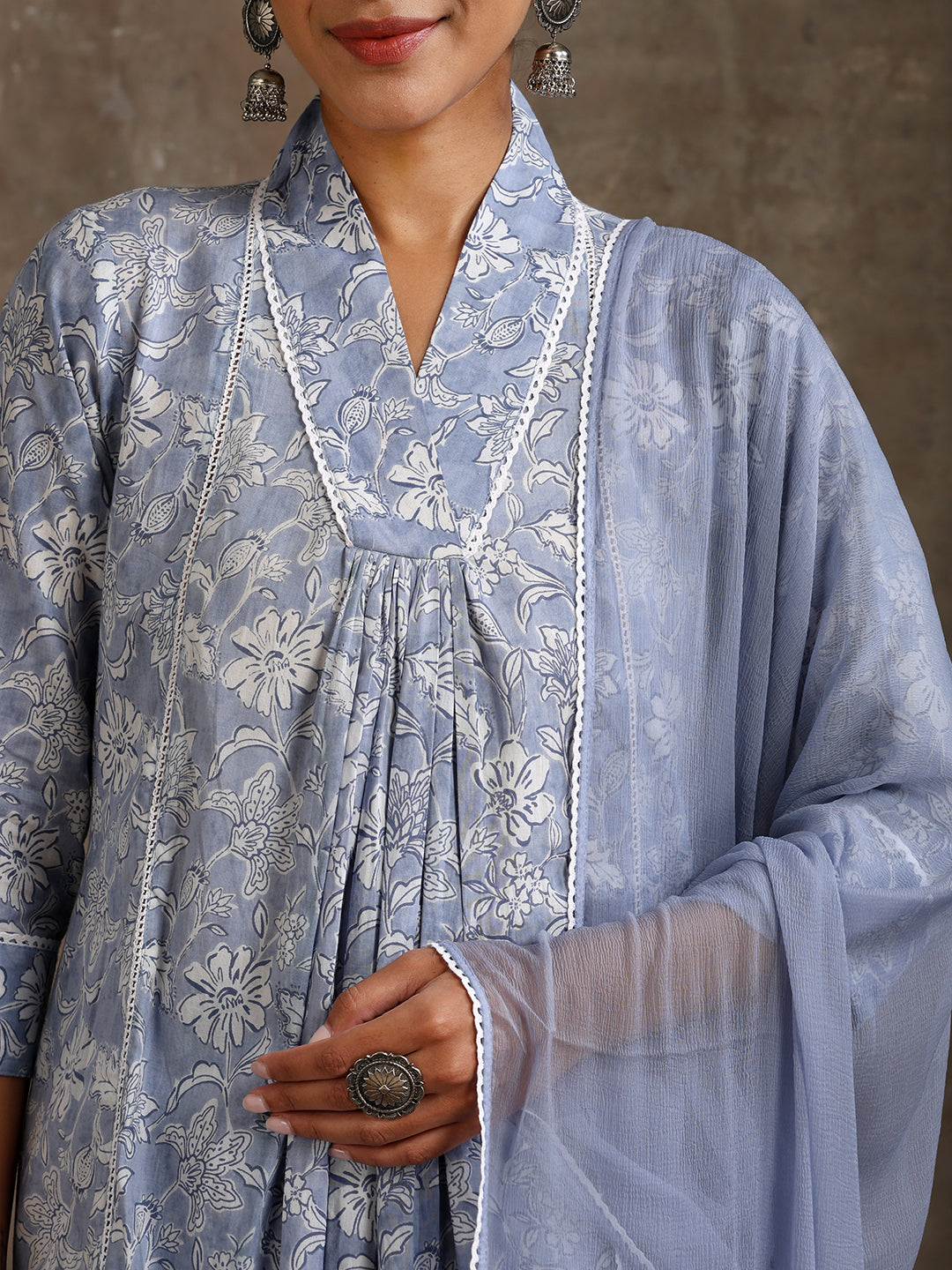 Floral Printed Pure Cotton A-Line Kurta With Palazzos And Dupatta