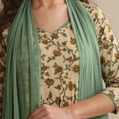 Khushal K Women Floral Printed Regular Pure Cotton Kurta & Palazzo With Dupatta Cream