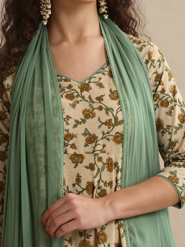 Khushal K Women Floral Printed Regular Pure Cotton Kurta & Palazzo With Dupatta Cream