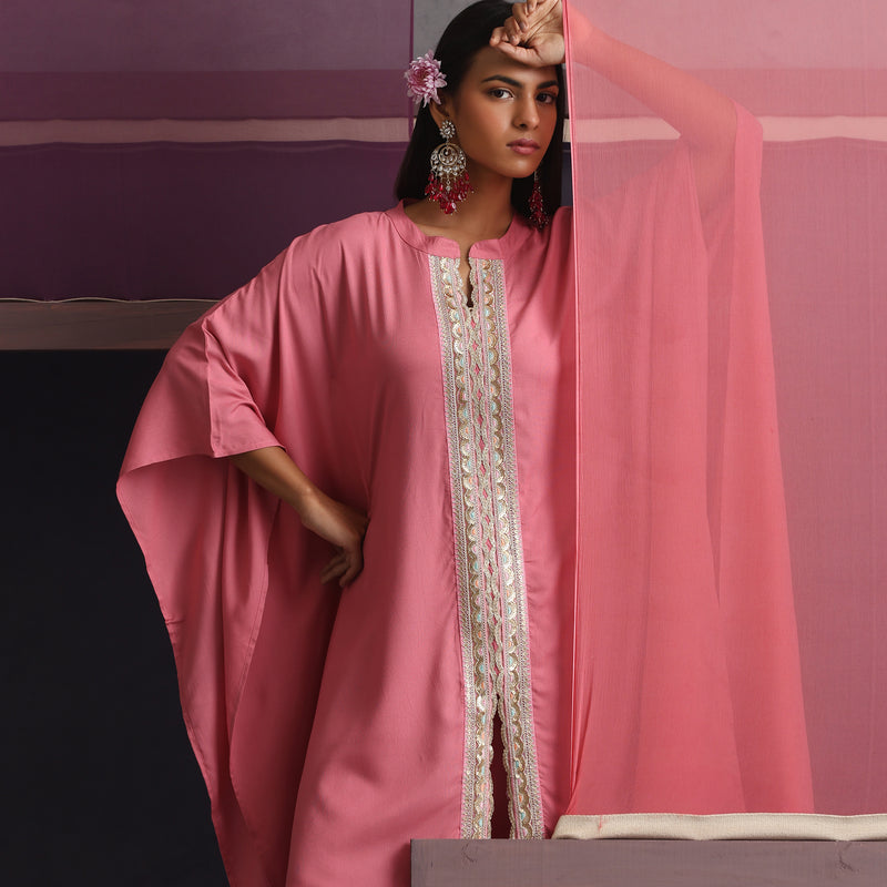 Women Mandarin Collar Pink Kaftan Set - Khushal K - Image 2