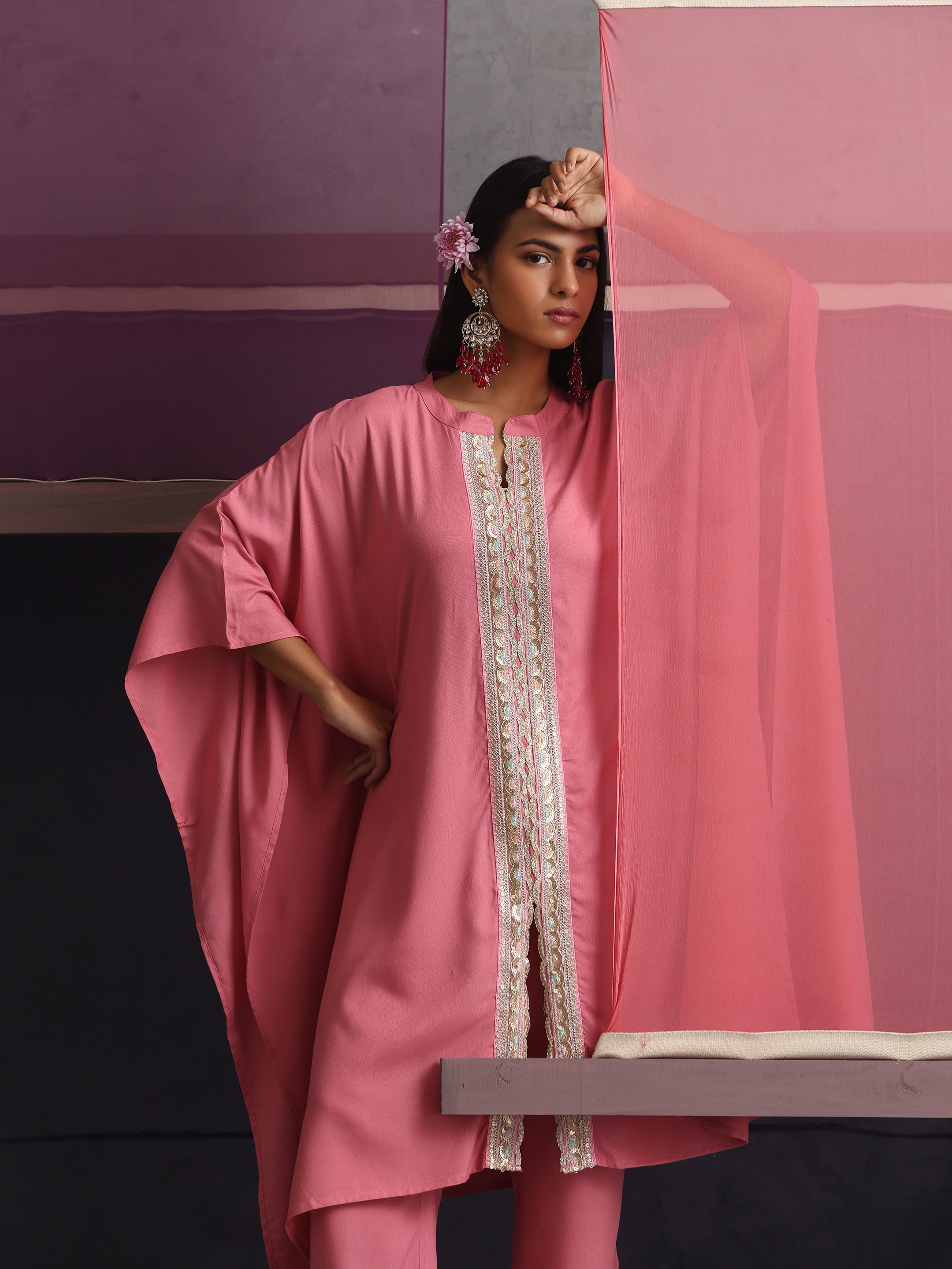 Khushal K Women Mandarin collar Pink Kaftan set