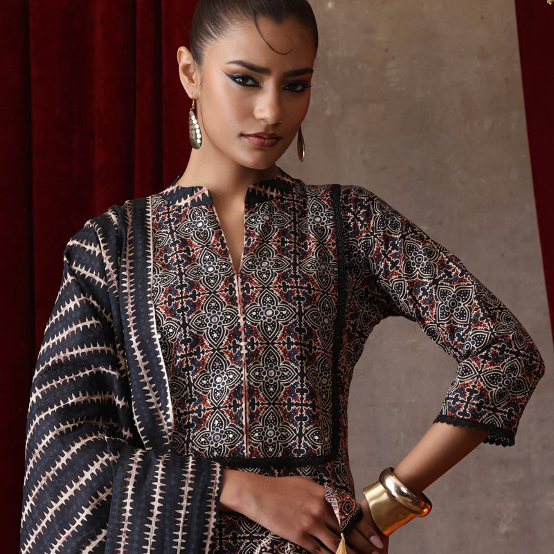 Women Cotton Kurta and Palazzo with Dupatta Set - Black - Khushal K - Image 2