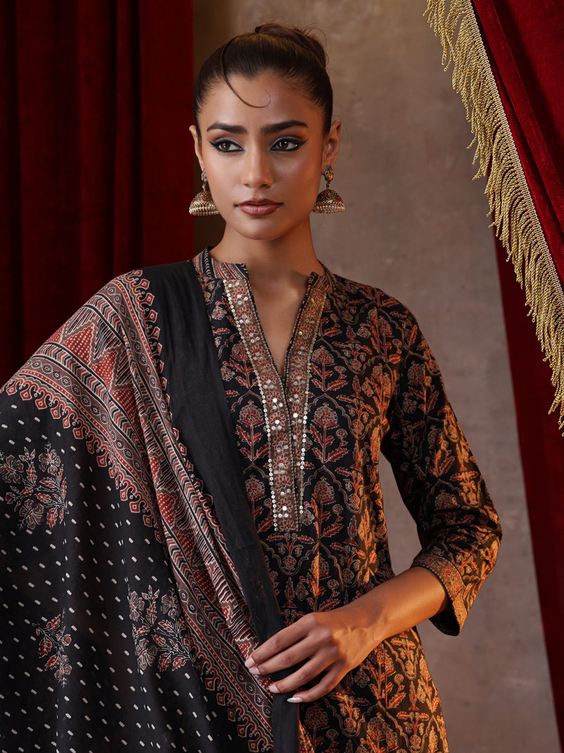Khushal K Women Cotton kurta and palazzo with dupatta set - Black