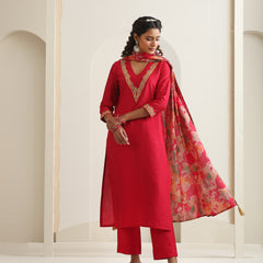 Khushal K Women Pure Silk pink Embroidered Kurta & Palazzo With Dupatta