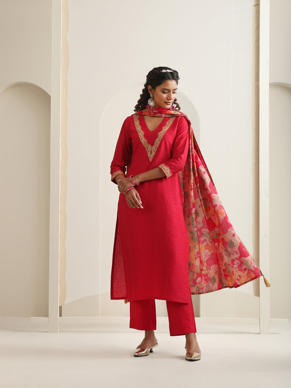 Khushal K Women Pure Silk pink Embroidered Kurta & Palazzo With Dupatta