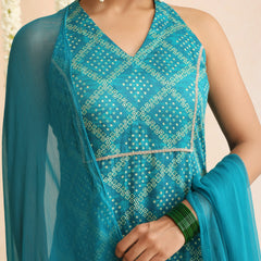 Turquoise & White Bandhani-Style Kurta Set