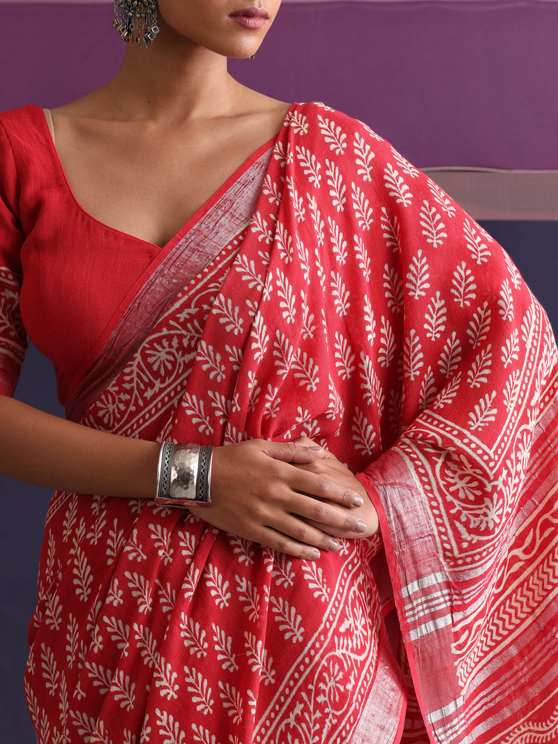 Women Hand Block Cotton Linen Printed saree