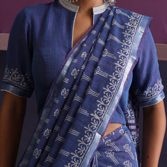Women Hand Block Blue Cotton Linen Printed Saree