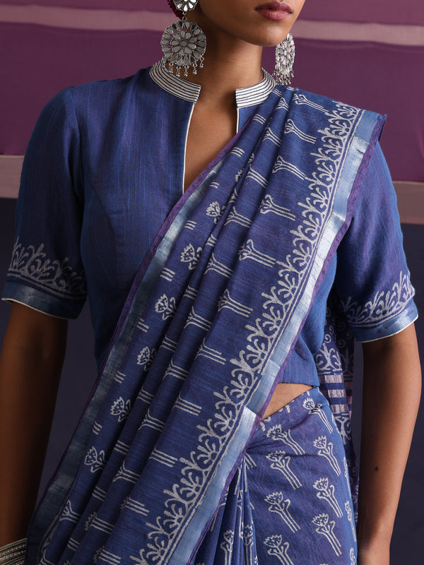 Women Hand Block Blue Cotton Linen Printed Saree