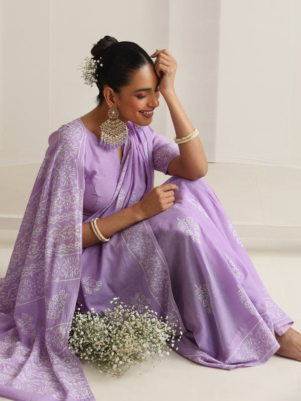 Women Hand Block Purple Pure Cotton Printed Saree