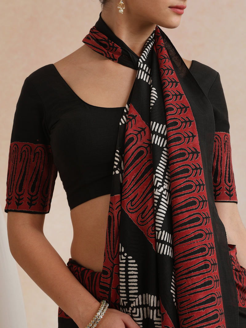 Women Hand Block Black Pure Cotton Printed Saree