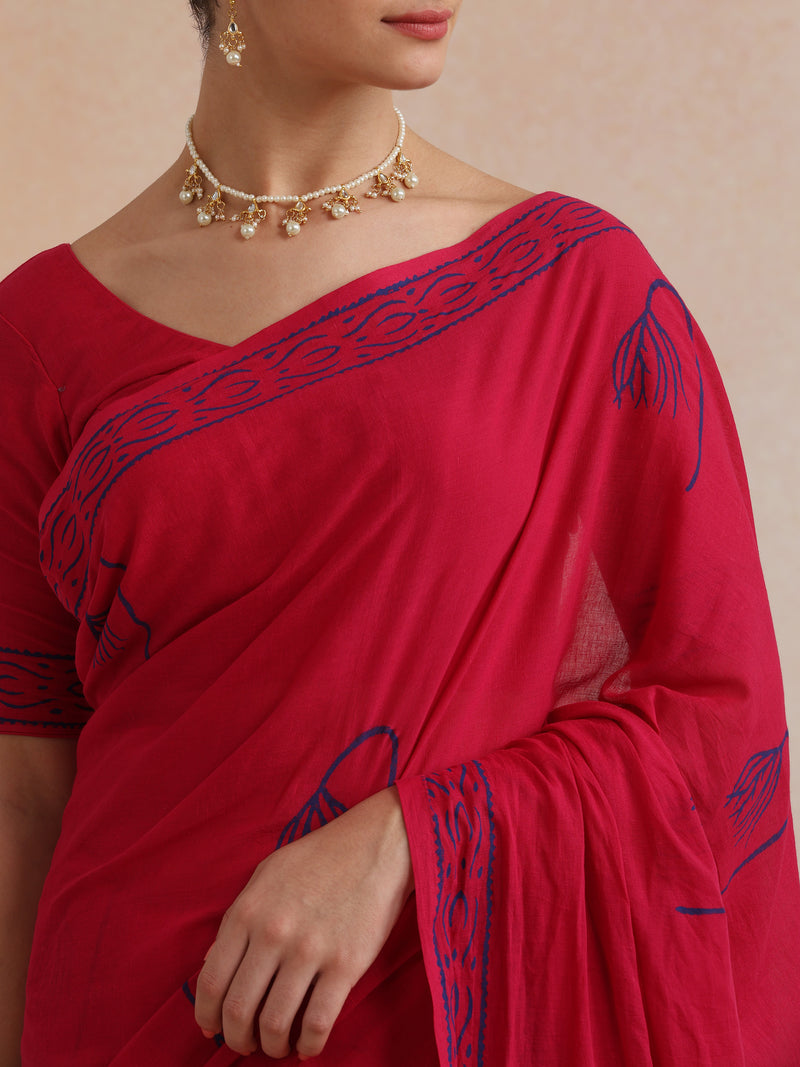 Women Hand Block Pink Pure Cotton Printed Saree