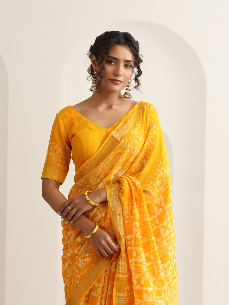 Women Hand Block Yellow Cotton Linen Printed Saree