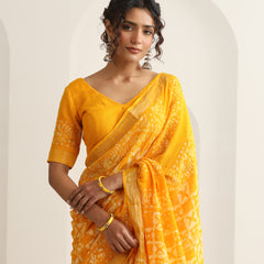 Women Hand Block Yellow Cotton Linen Printed Saree