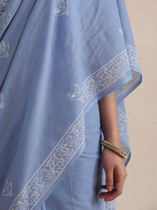 Women Hand Block Blue Pure Cotton Printed Saree