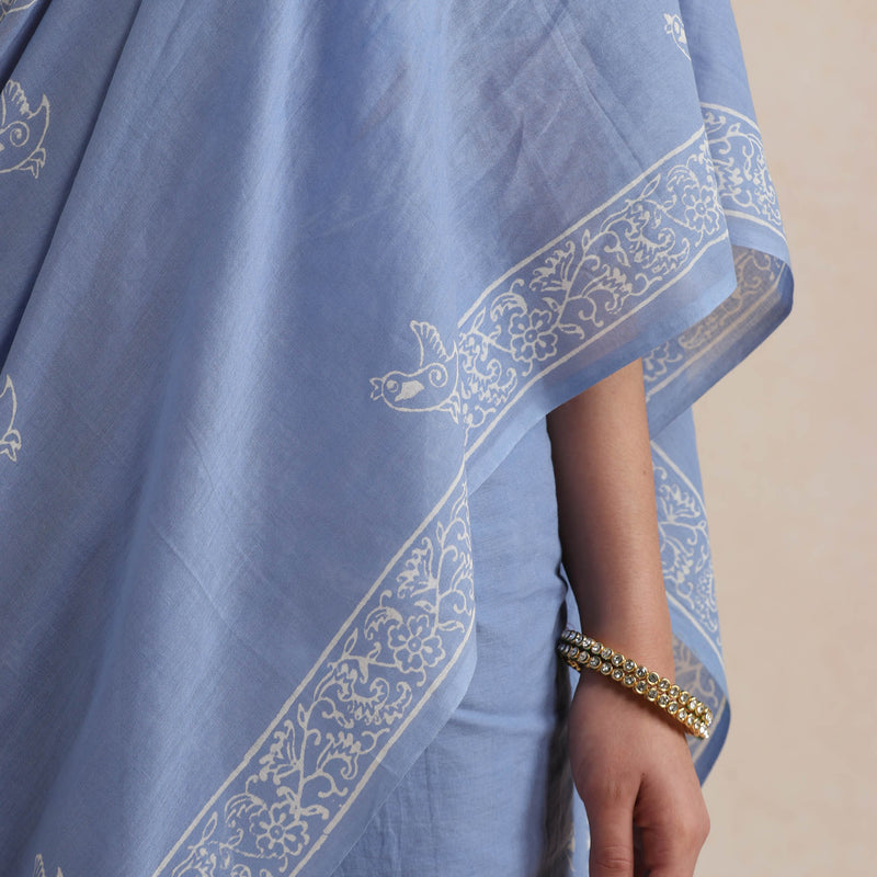 Women Hand Block Blue Pure Cotton Printed Saree - Khushal K - Image 2