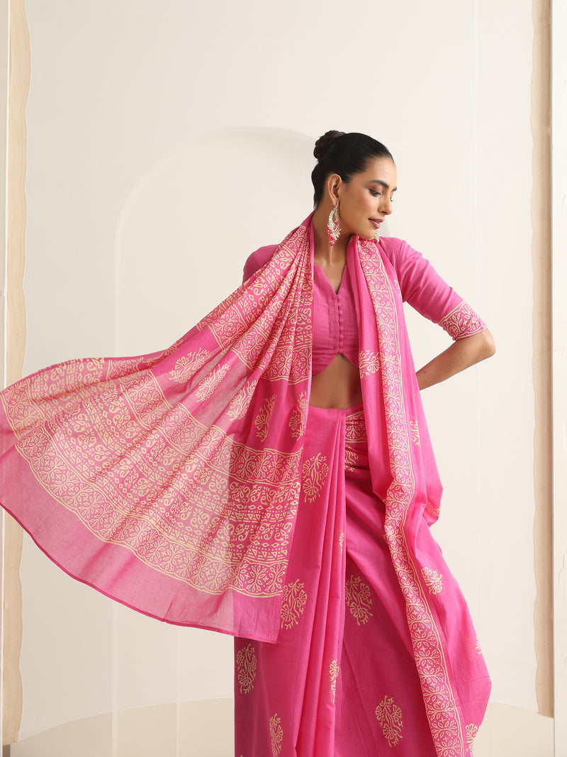 Women Hand Block Pink Pure Cotton Printed Saree