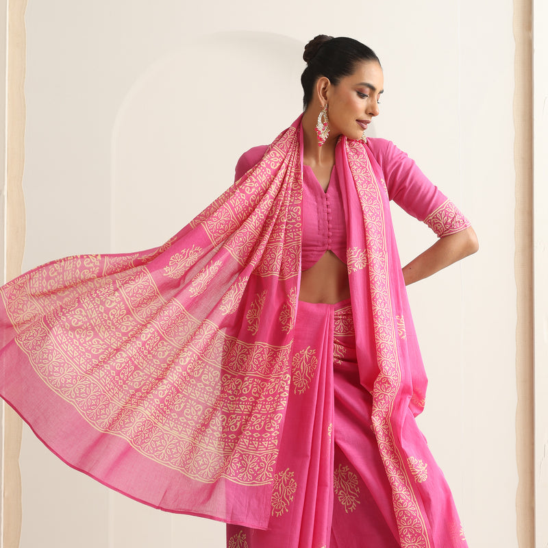 Women Hand Block Pink Pure Cotton Printed Saree - Khushal K - Image 2