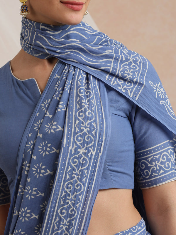 Women Hand Block Blue Pure Cotton Printed Saree