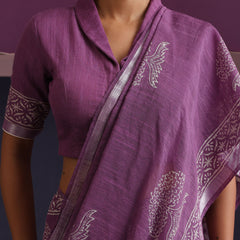 Women Hand Block Purple Cotton Linen Printed Saree