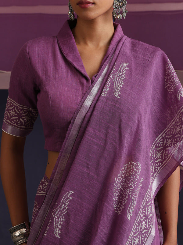 Women Hand Block Purple Cotton Linen Printed Saree